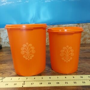 Vintage Tupperware Servalier Orange Canister Set Sunburst Lids 2 Piece Retro MCM